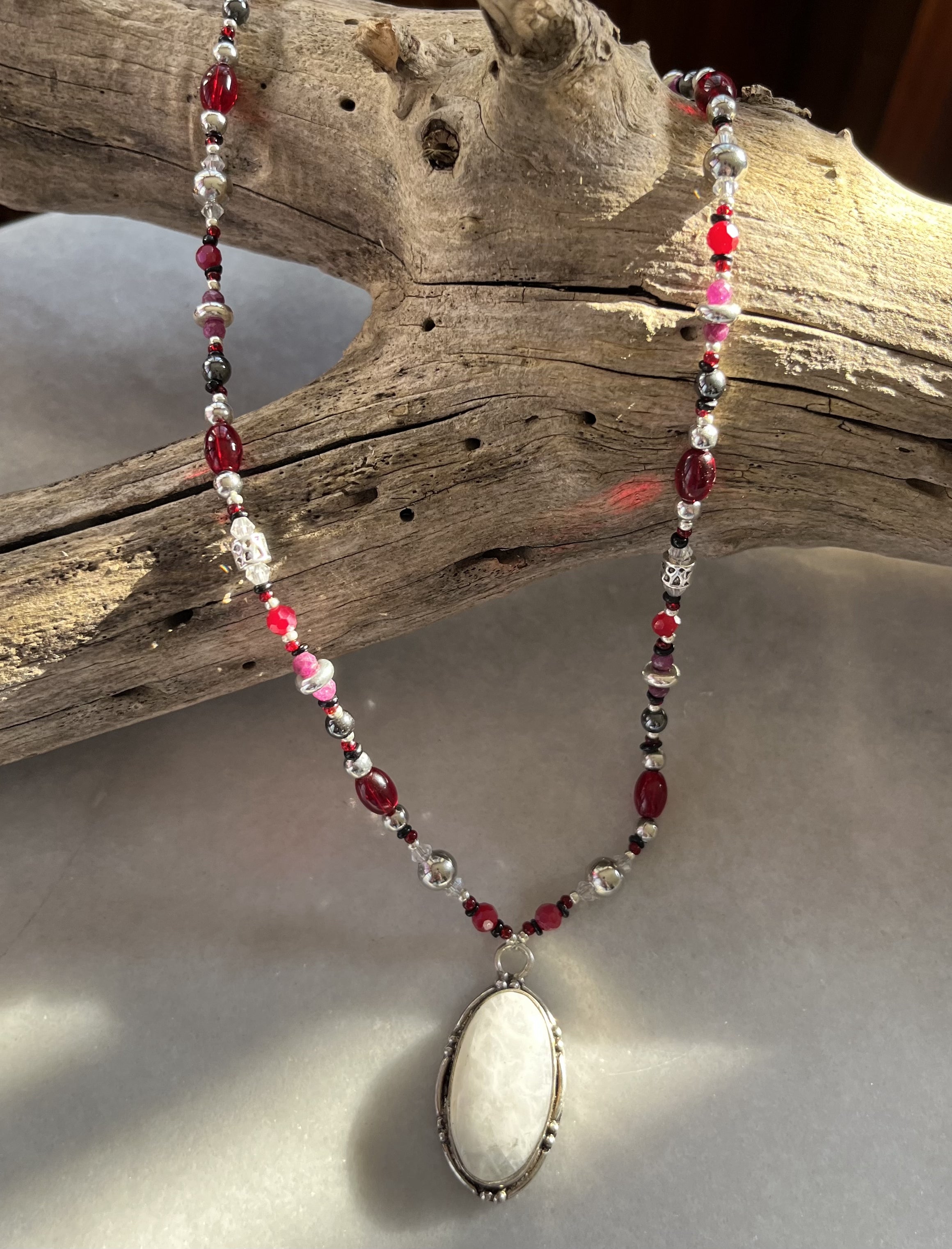 Moonstone Pendant Necklace w/Genuine Rubies