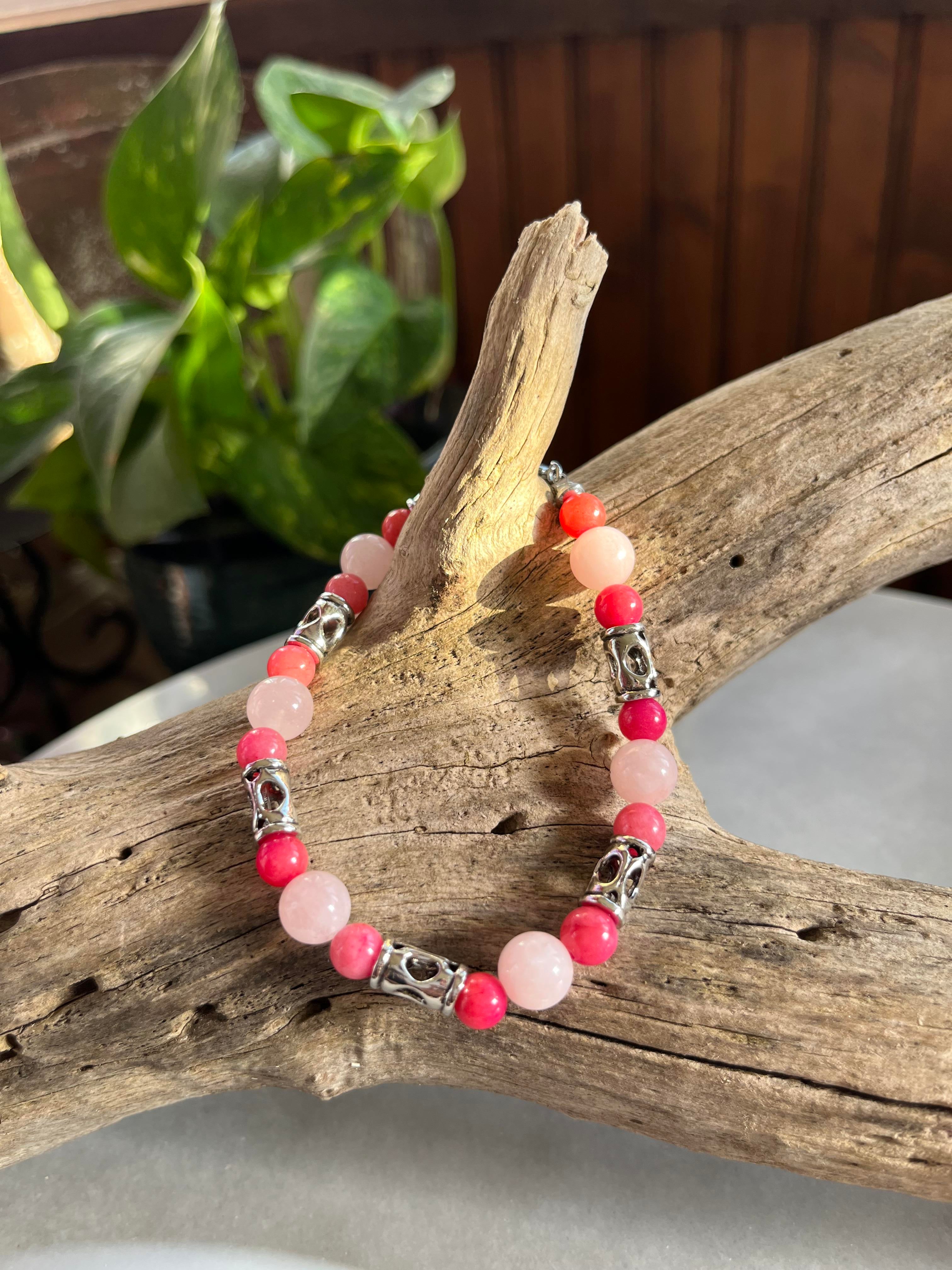 Rose Quartz & Pink Coral Bracelet w/silver accents