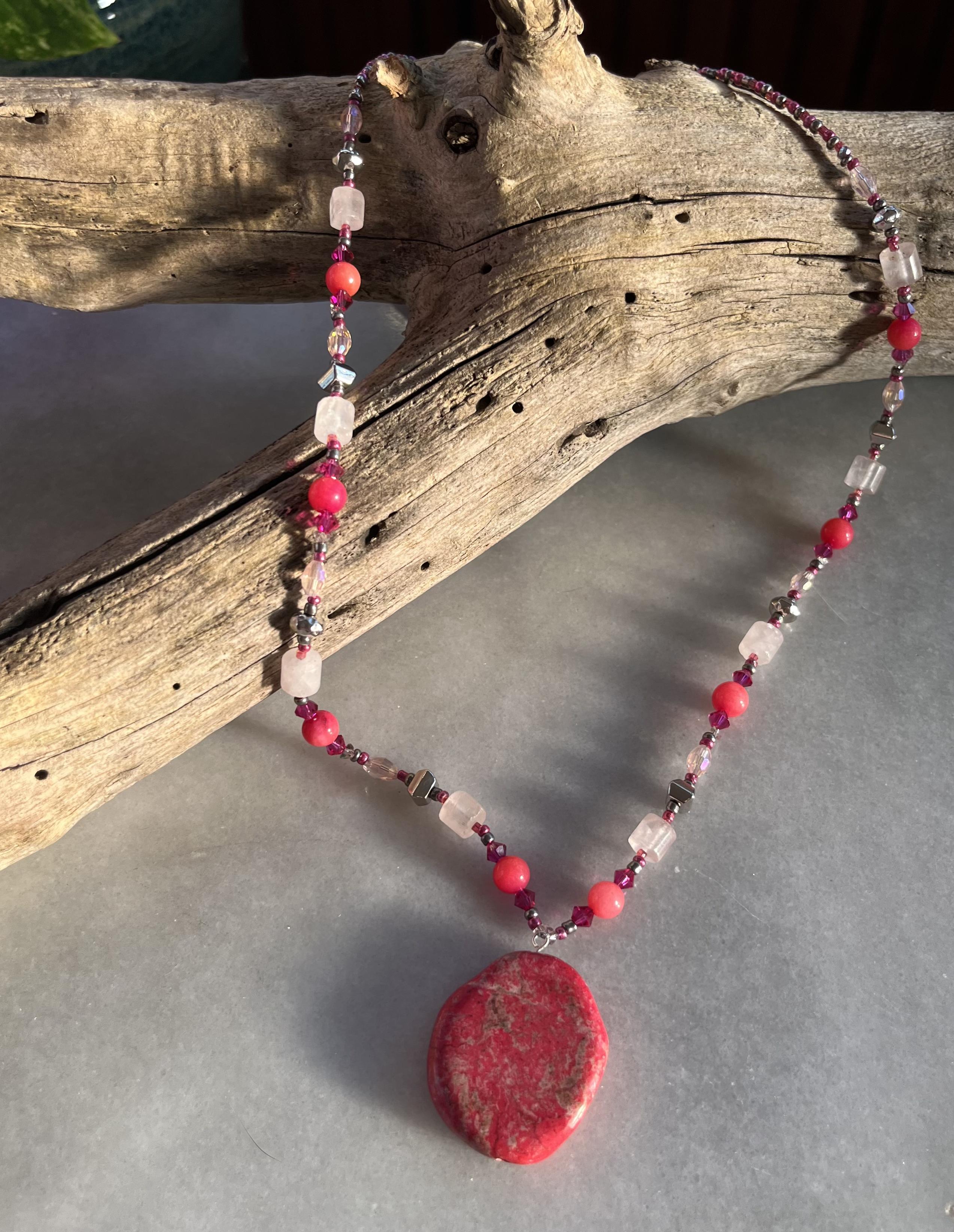 Natural Pink Turquoise Pendant Necklace with Rose Quartz & Coral