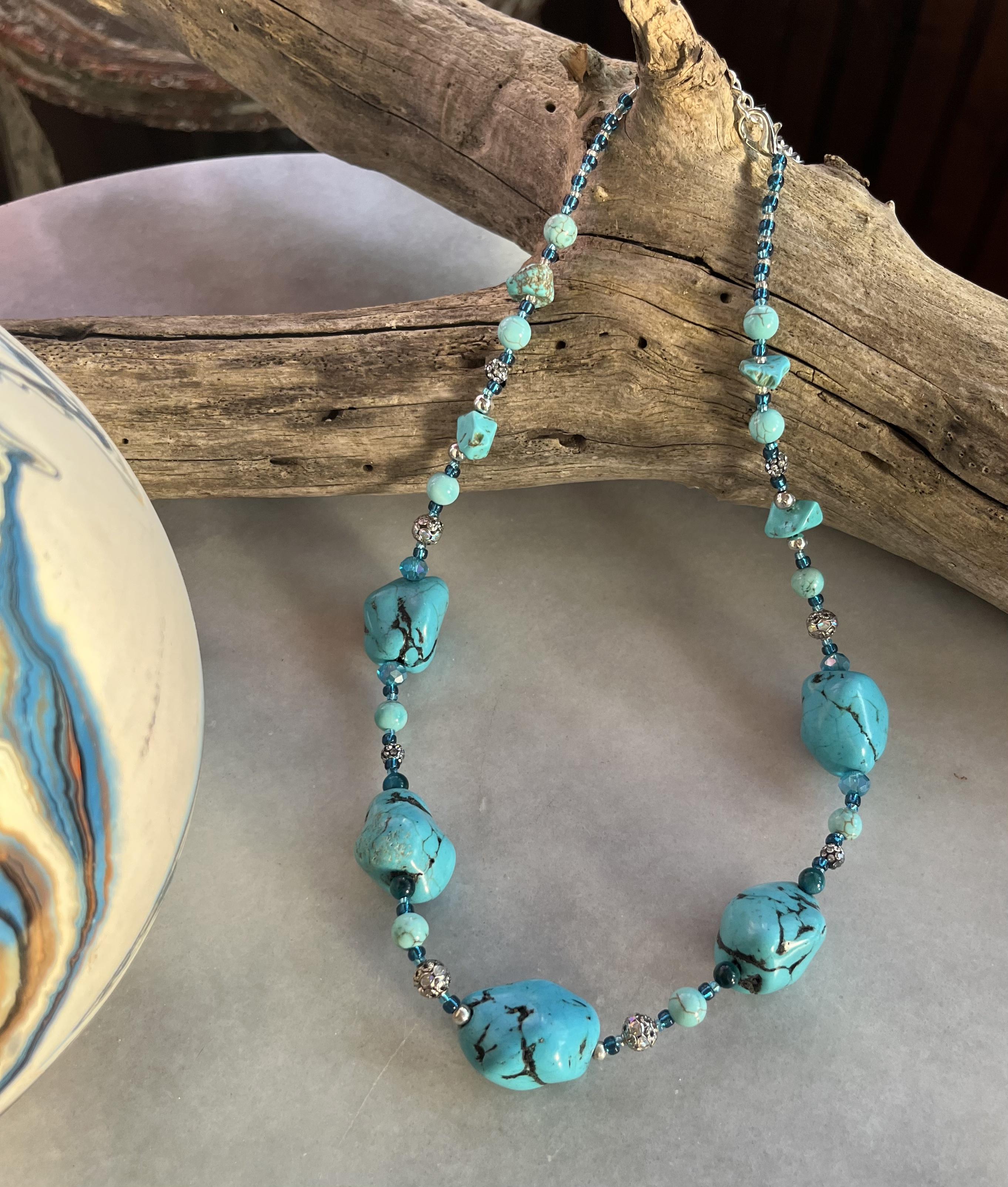 Turquoise & Wagnerite Chunk Necklace with Cat's Eye & Sparkle Accents