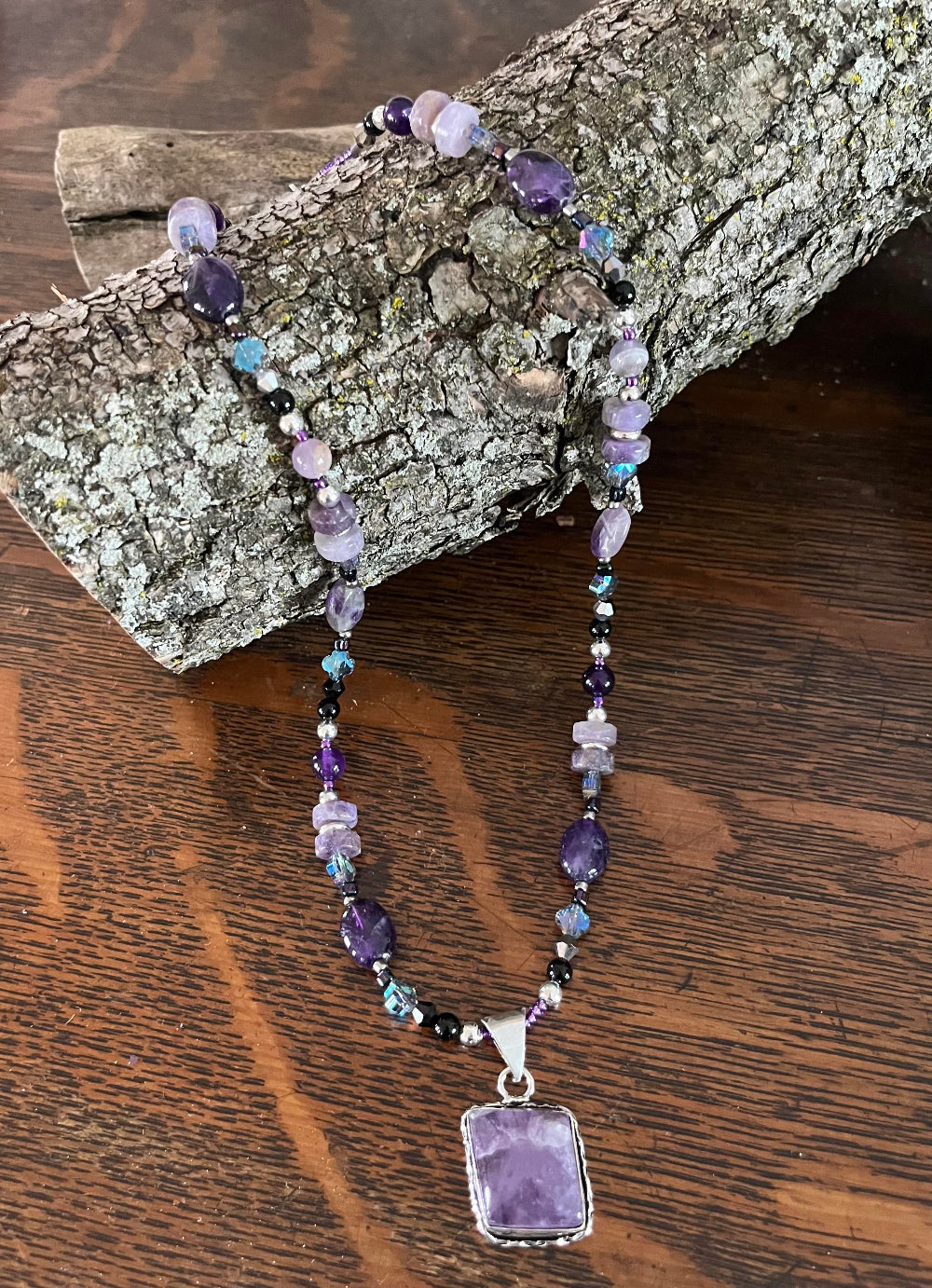 Amethyst Pendant Necklace w/Amethyst & Black Agate Accents