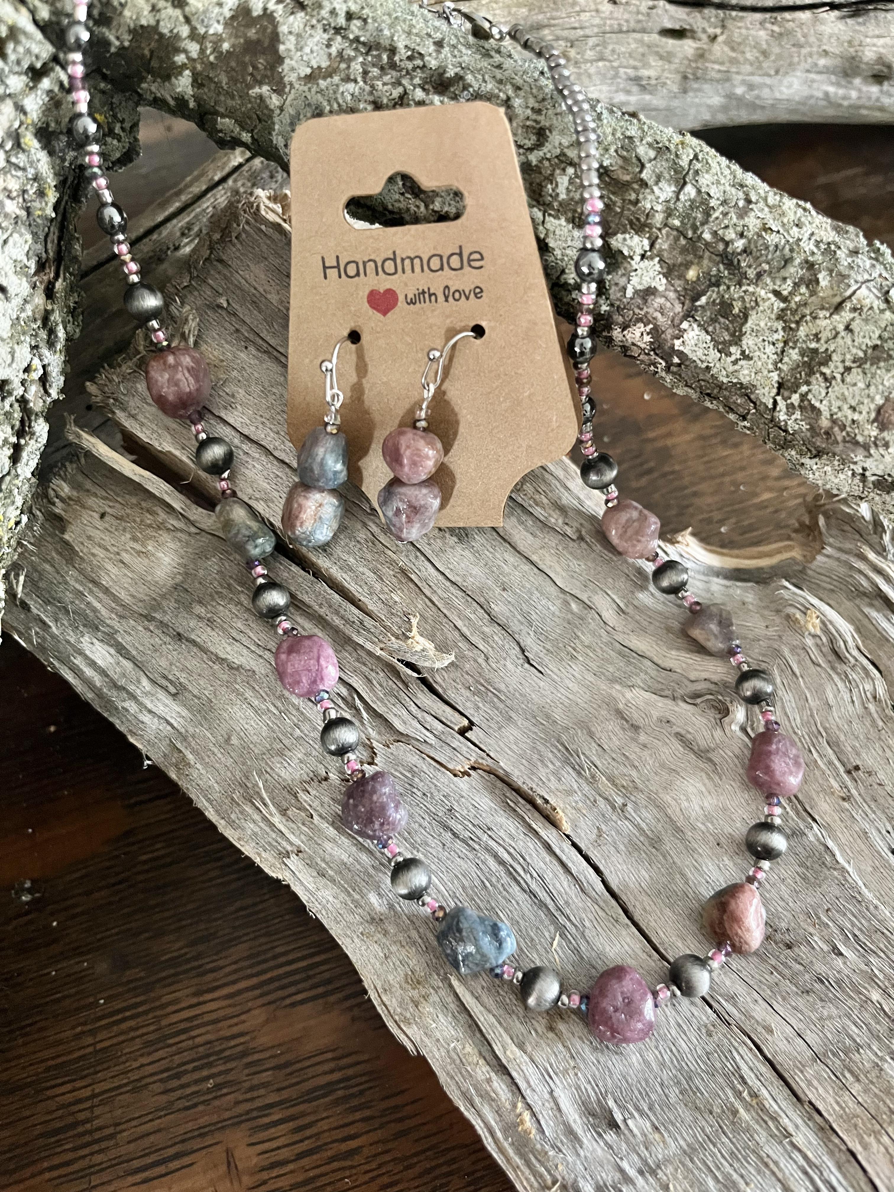 Genuine Rough Cut Tourmaline Necklace & Earring Set — Handmade