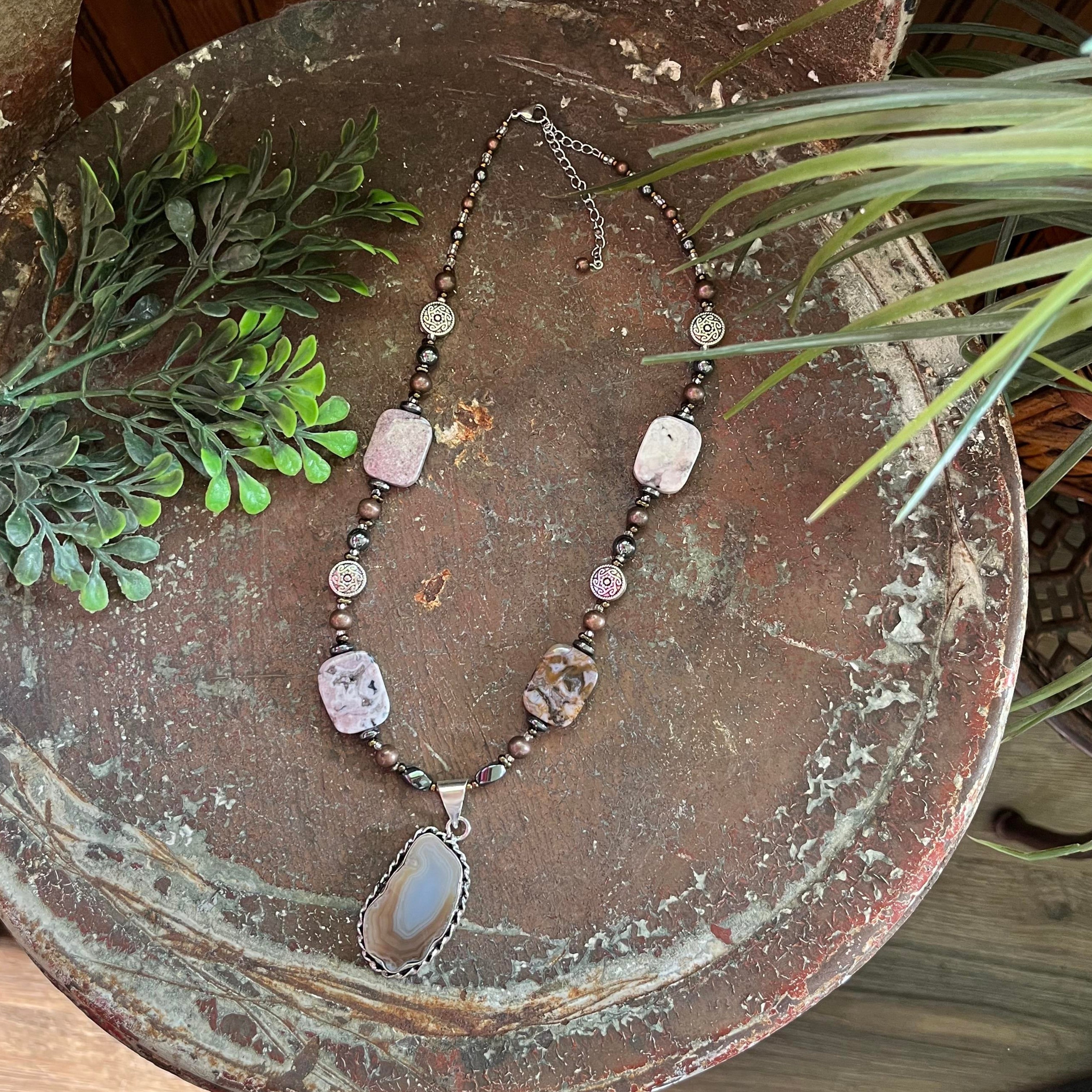 Banded Agate Pendant Necklace w/Crazy Lace Agate Accents (925)