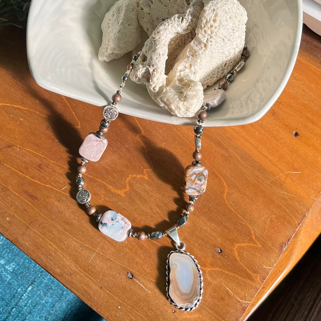 Banded Agate Pendant Necklace w/Crazy Lace Agate Accents (925)