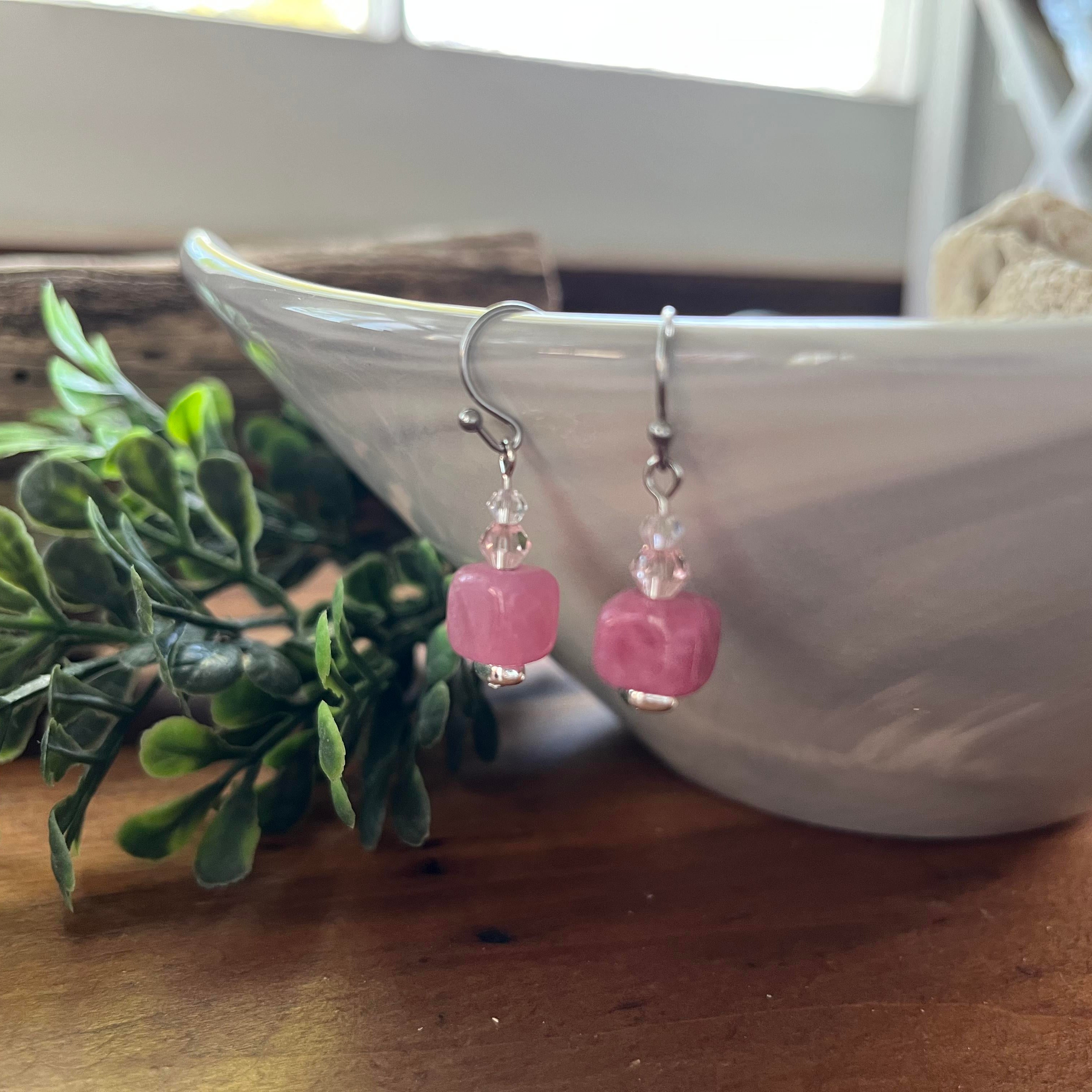 Cherry Quartz Square Drop Earrings with Crystal Accents