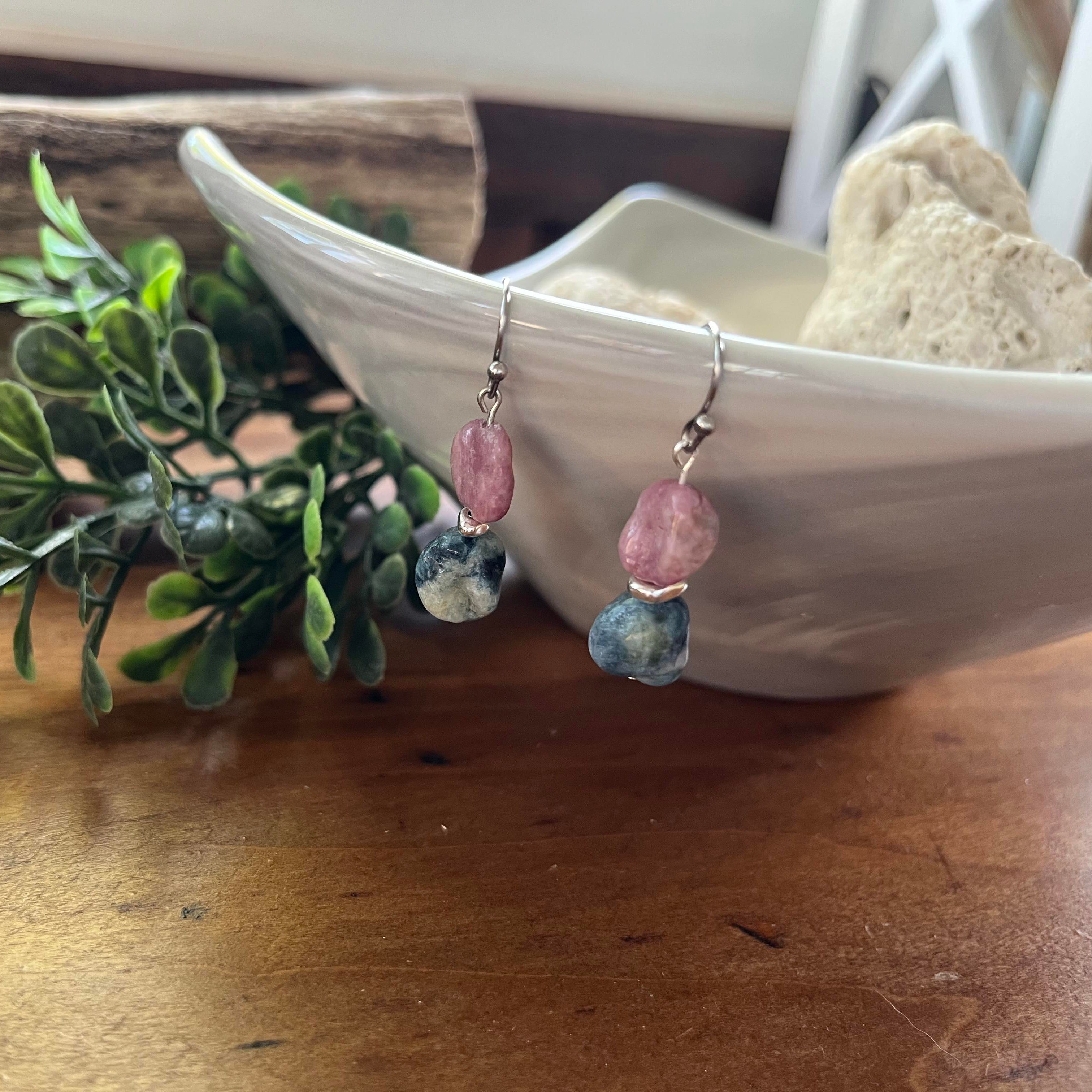 Pink & Blue Tourmaline Chunk Drop Earrings