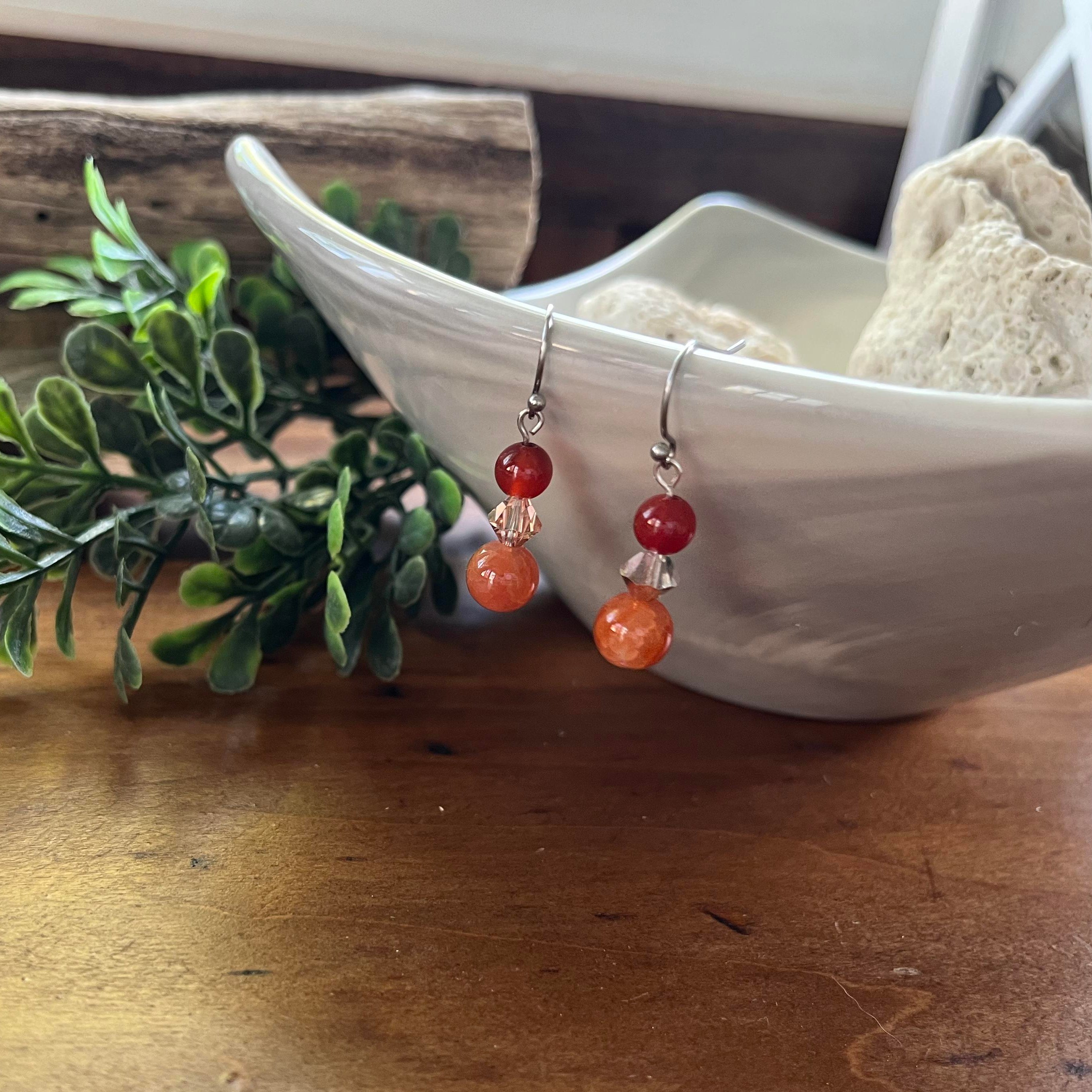 Polished Carnelian & Peach Crystal Drop Earrings