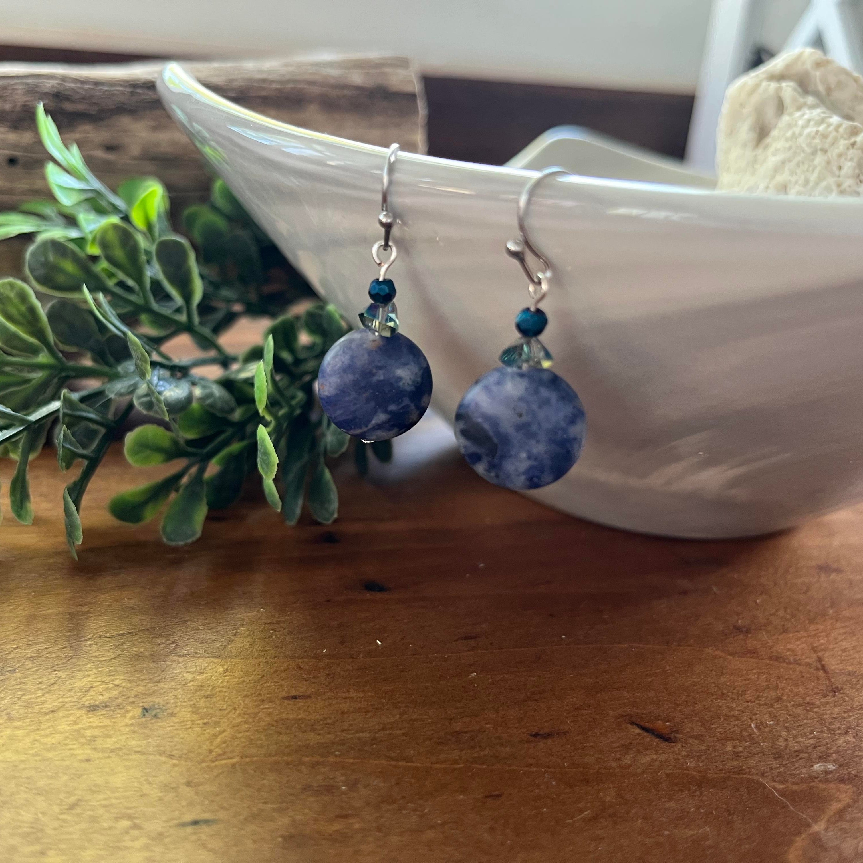Sodalite Round Drop Earrings with Crystal Accents