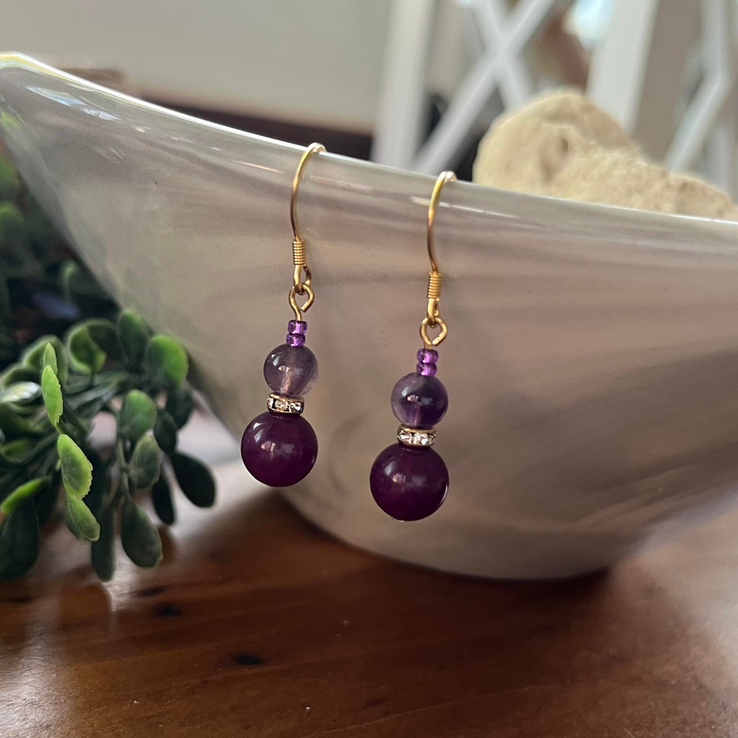 Purple Jade & Amethyst Gold Drop Earrings