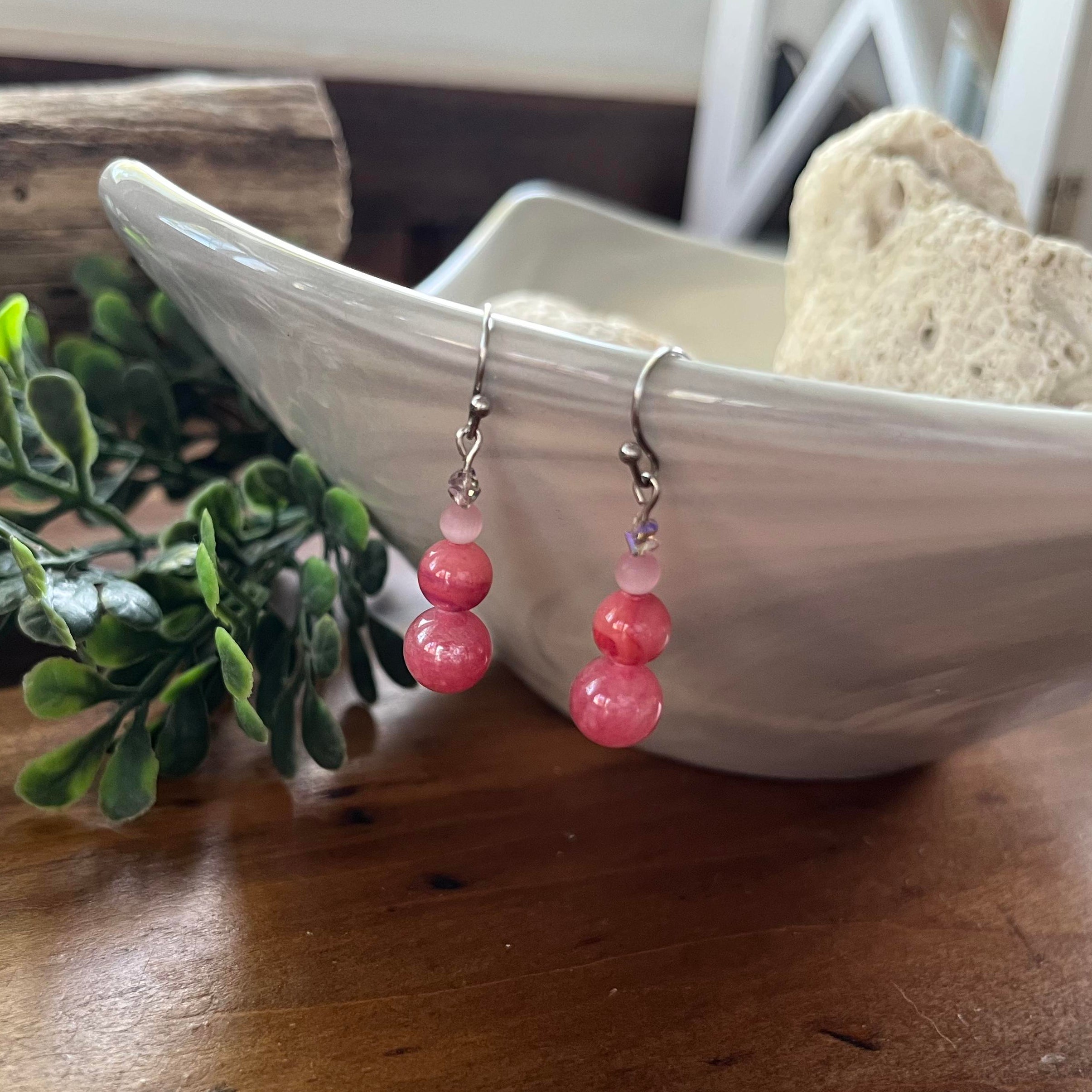 Strawberry Quartz & Pink Coral Dangle Earrings