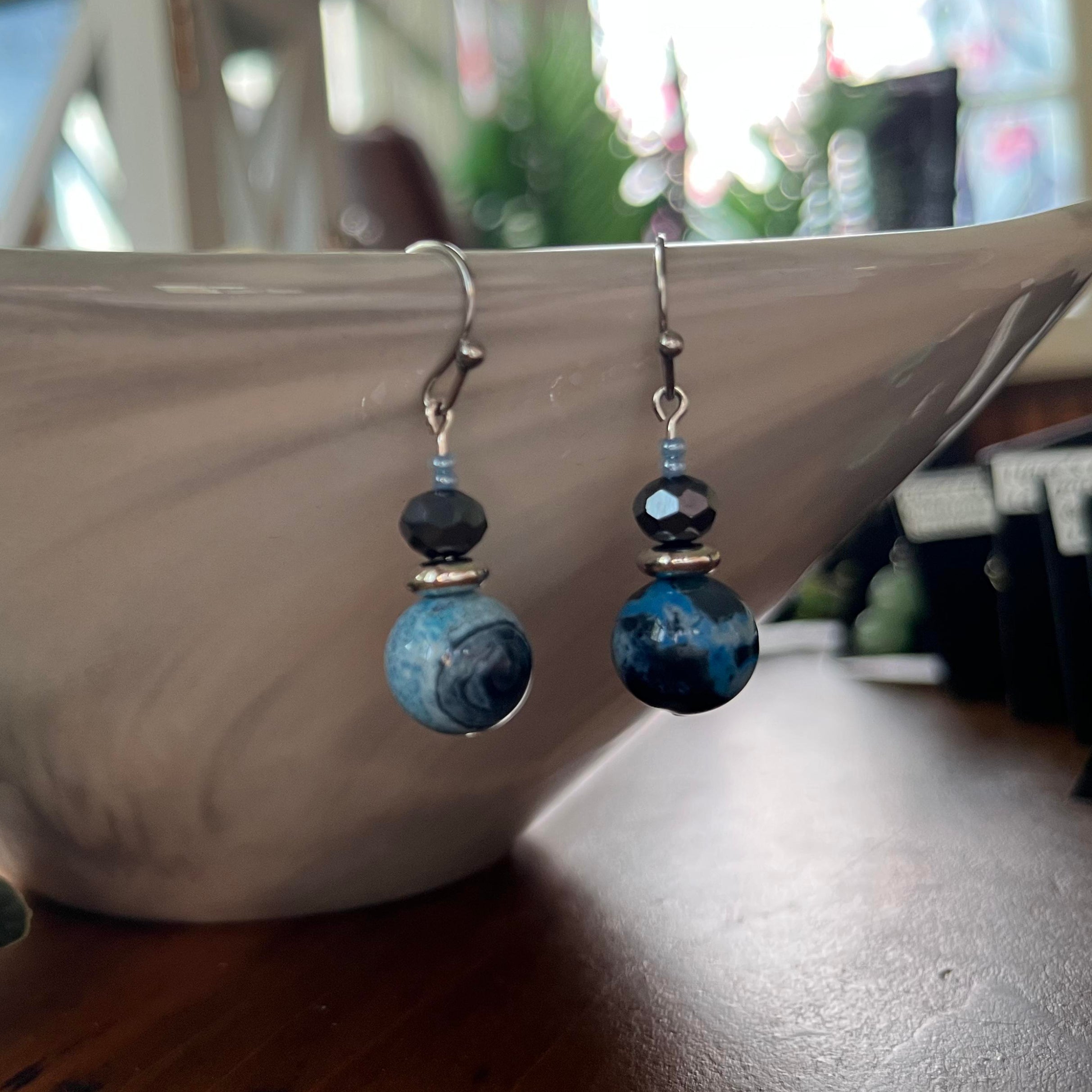 Black & Blue Agate Earrings ~ Stainless