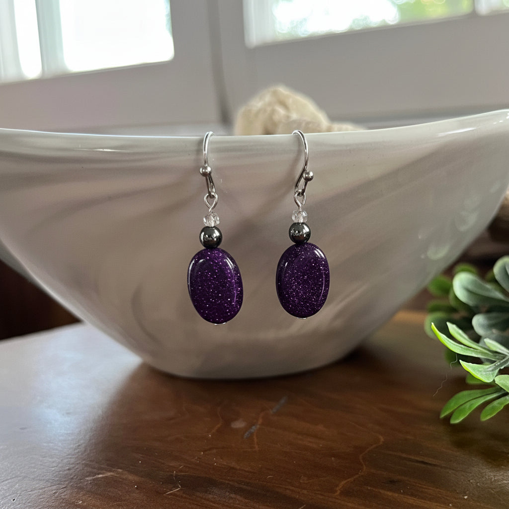 Purple Goldstone Oval Drop Earrings