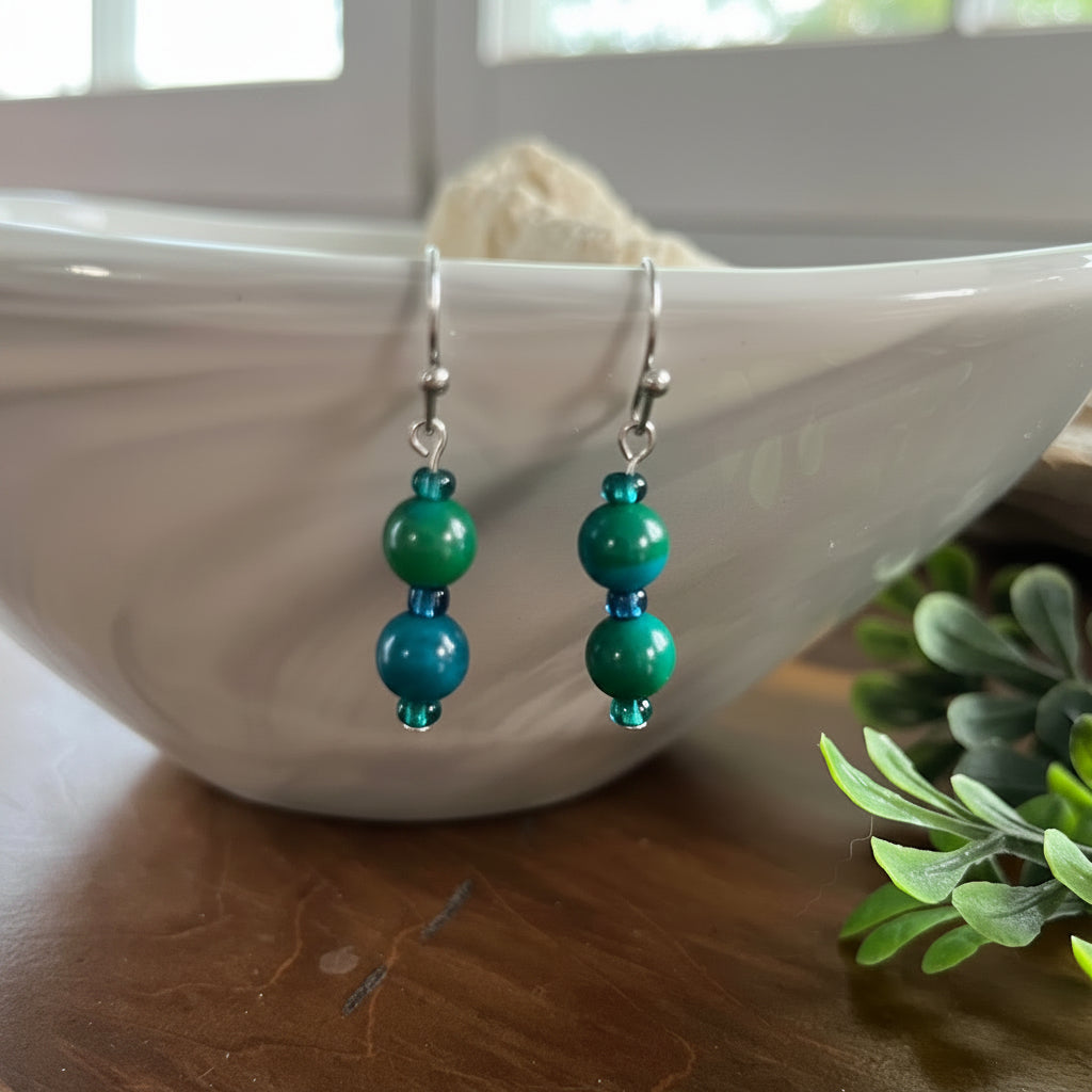 Green-Blue Agate & Teal Beaded Dangle Earrings