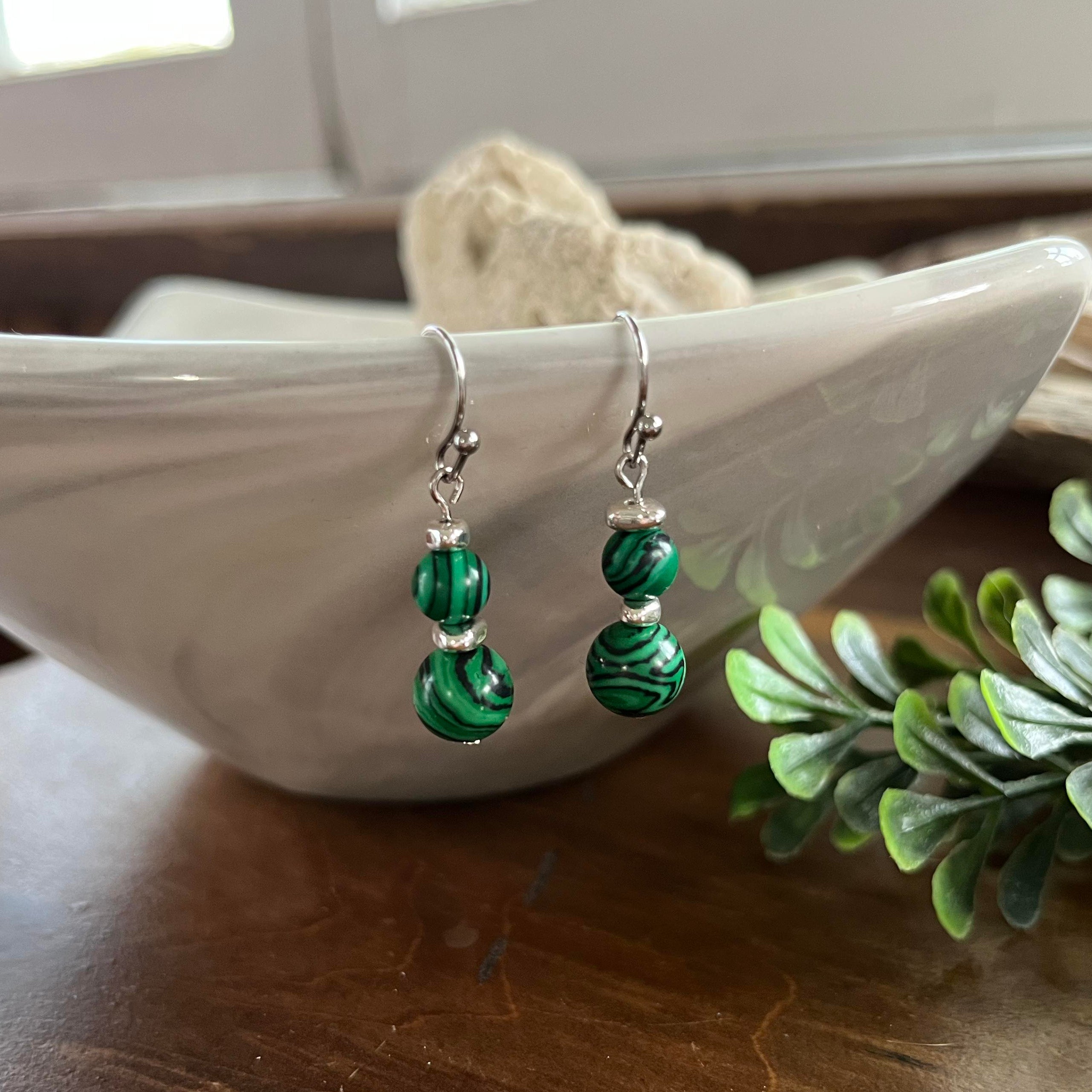 Malachite Double Round Dangle Earrings w/silver accents