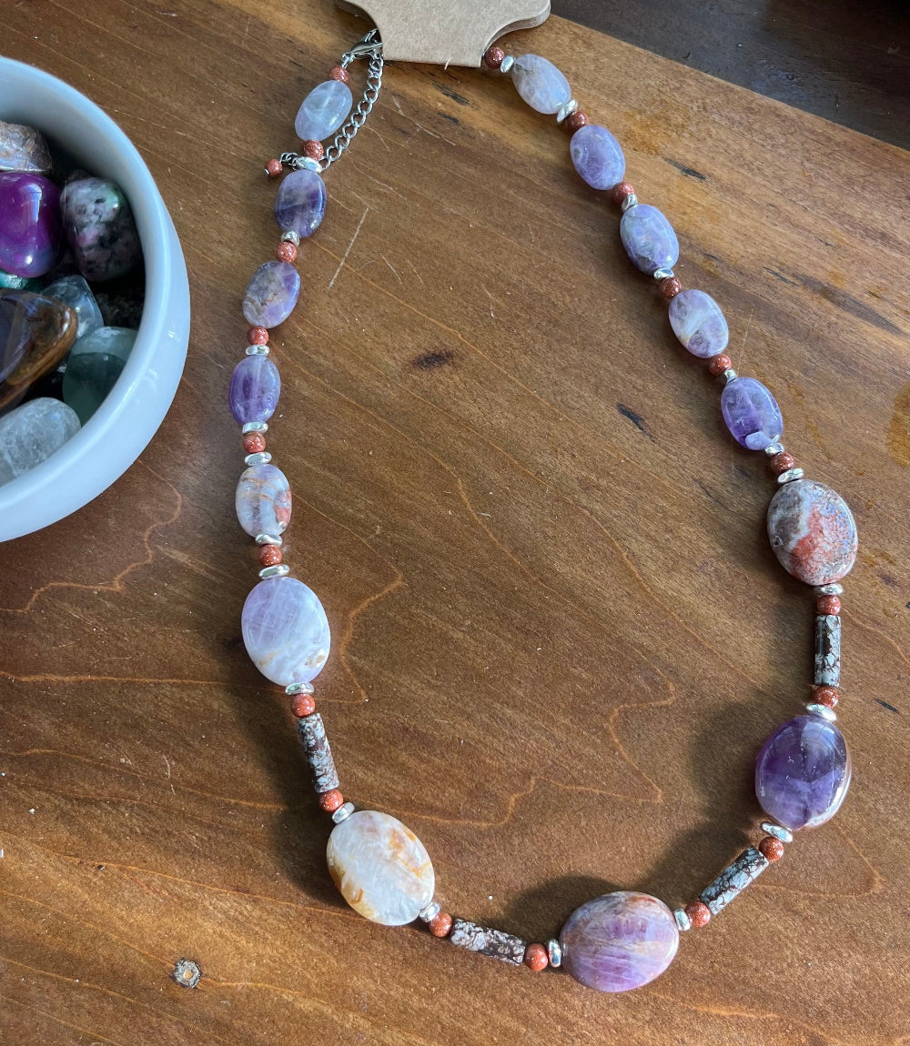 Genuine Amethyst & Goldstone Necklace with Picasso Jasper
