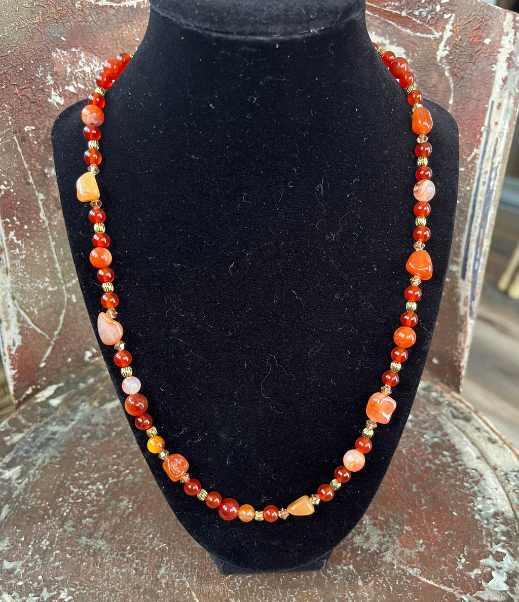 Genuine Carnelian Beaded Necklace with Gold Accents