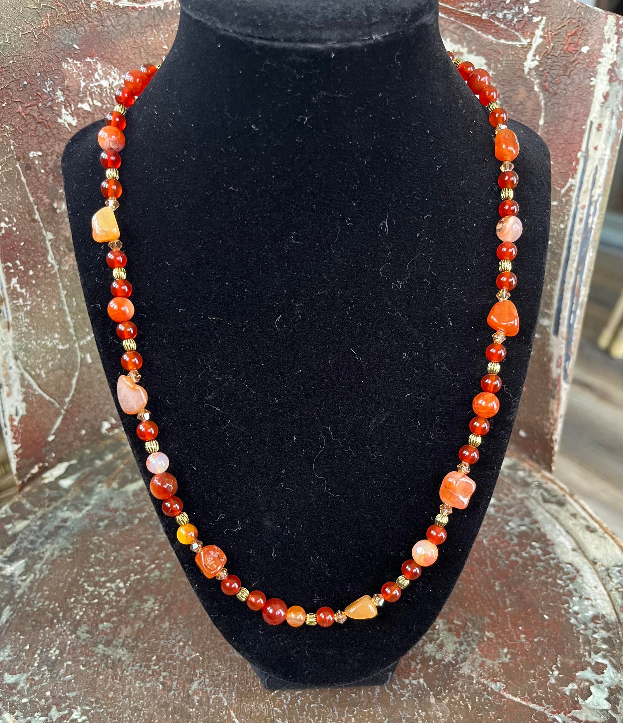 Genuine Carnelian Beaded Necklace with Gold Accents