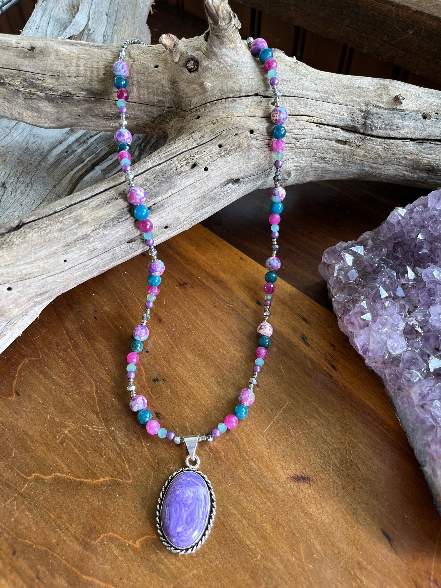 Charoite Pendant Necklace with Sea Sediment Jasper, Kyanite & Pink Tourmaline