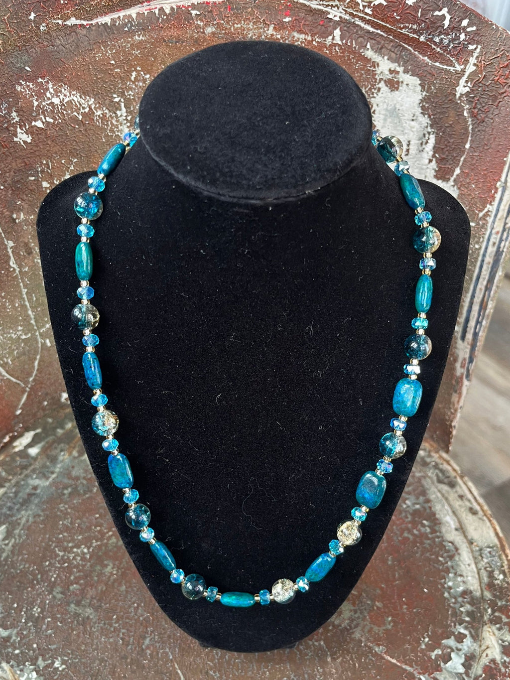Genuine Chrysocolla Necklace with Ice Blue & Crackle Glass Beads