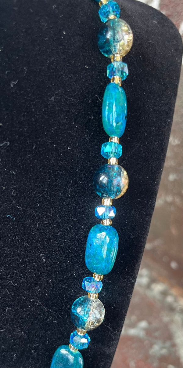 Genuine Chrysocolla Necklace with Ice Blue & Crackle Glass Beads