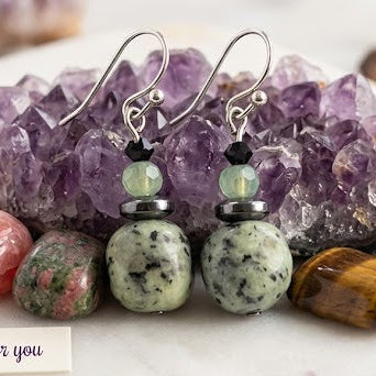 Kiwi Jasper, Hematite & Black Agate Drop Earrings
