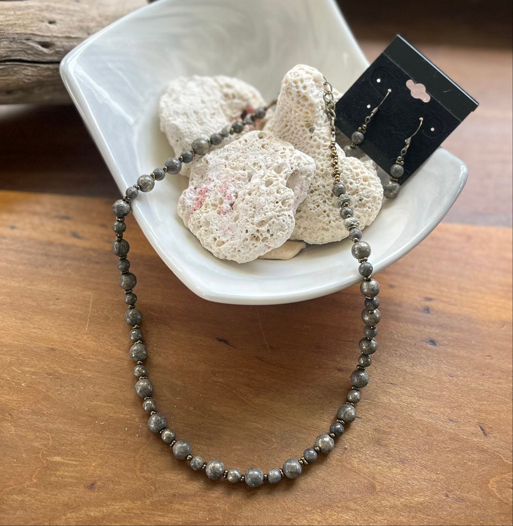 Pewter Necklace & Earring Set with Antique Brass Toned Accents
