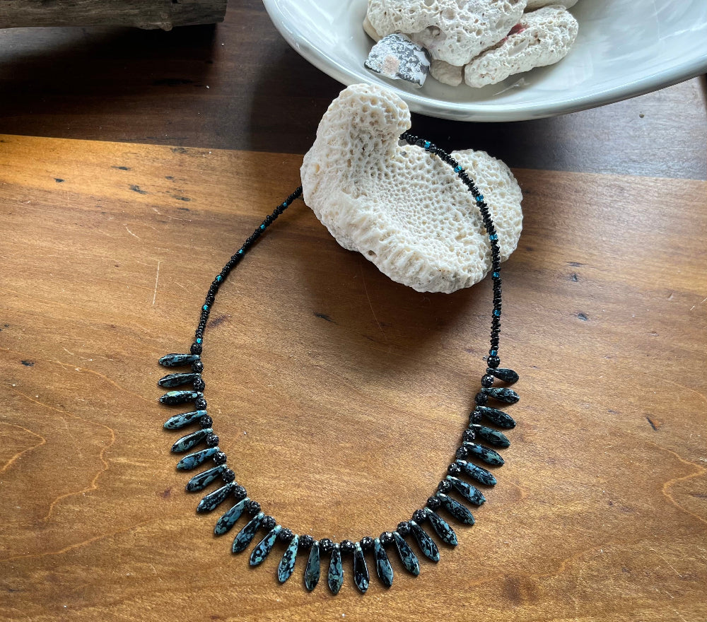Picasso Glass Black & Teal Fringe Collar Style Necklace