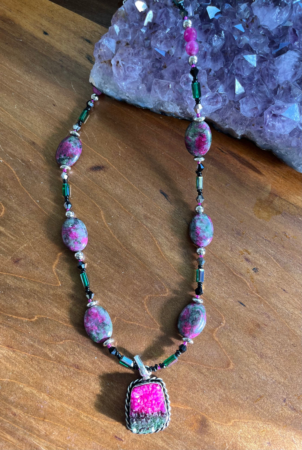 Rough and Oval Cut Genuine Ruby Zoisite Necklace