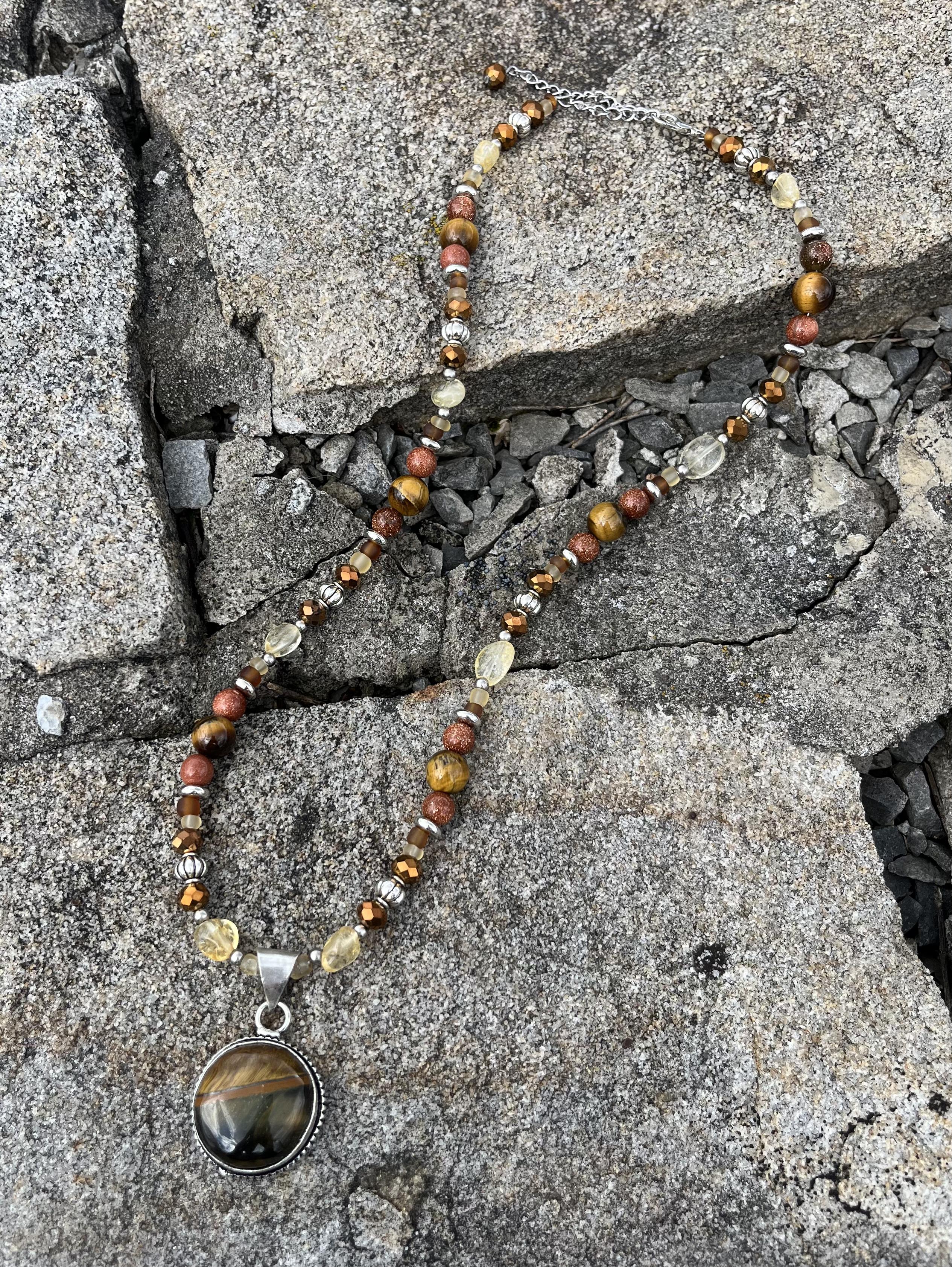 Tiger's Eye Pendant Necklace with Genuine Citrine & Goldstone